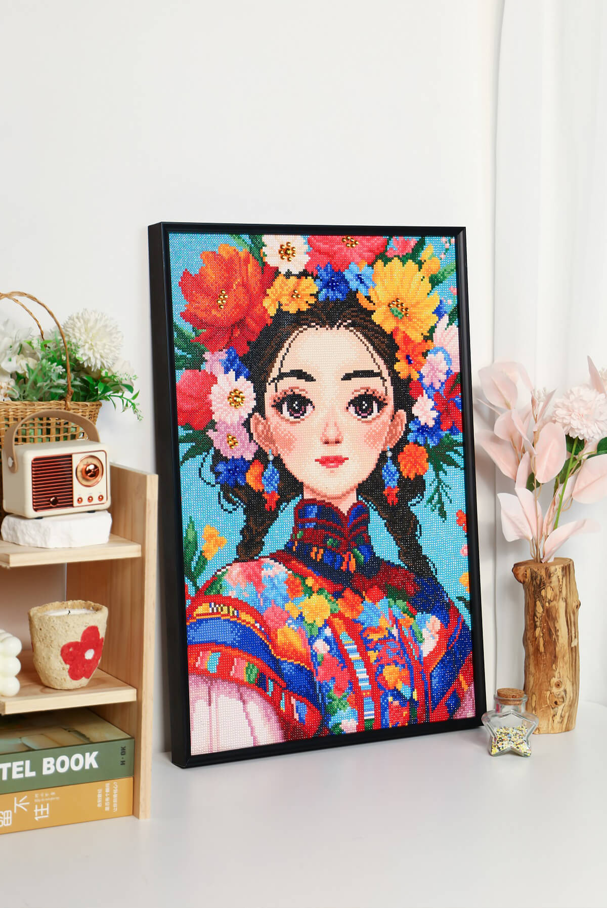 Ethnic Chic Girl diamond painting kit displayed in a room setting, highlighting the beauty of diamond painting design and diamond art accessories.
