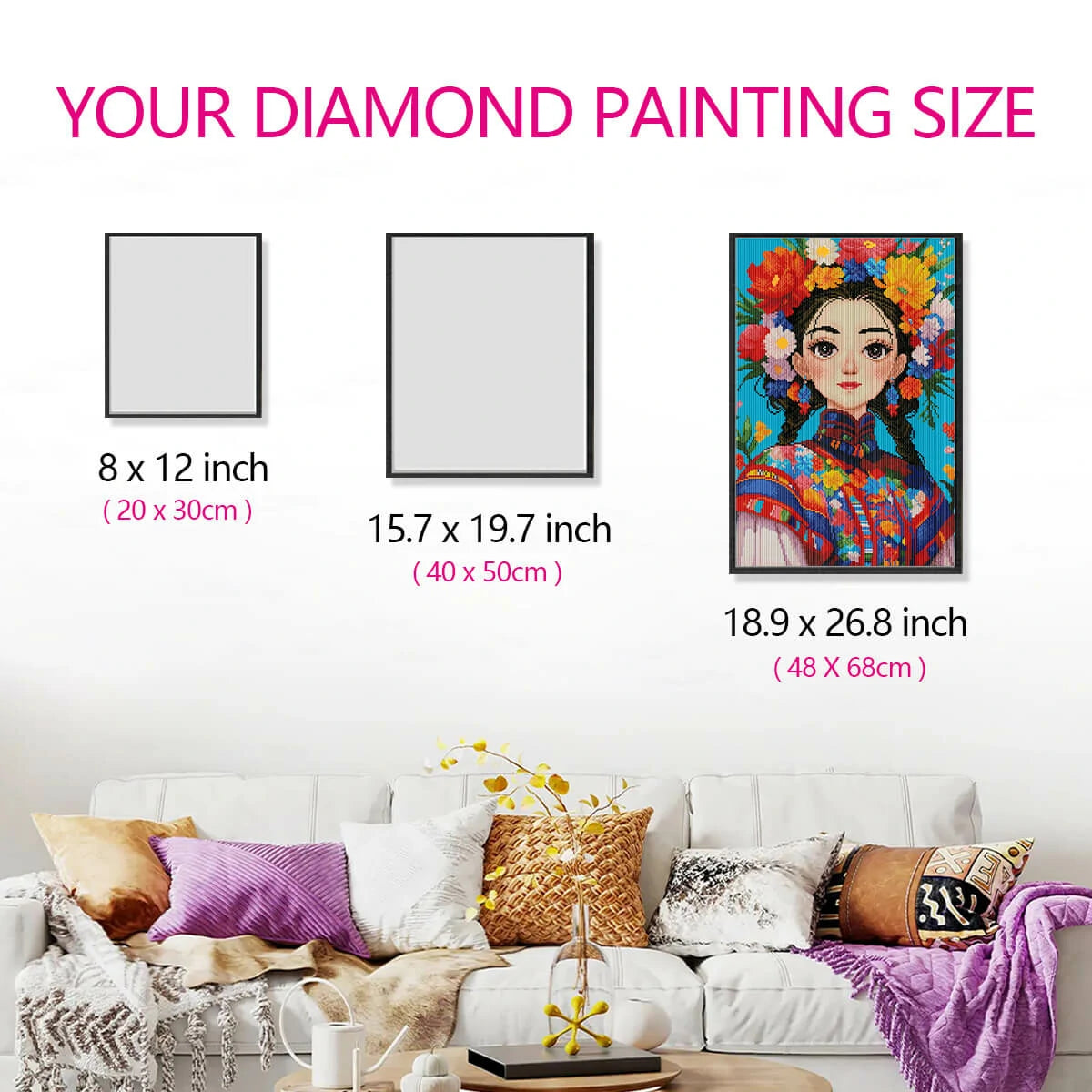 Size comparison for Ethnic Chic Girl diamond painting kit, showing the proportions of the diamond art design in a room setting.