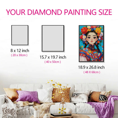 Size comparison for Ethnic Chic Girl diamond painting kit, showing the proportions of the diamond art design in a room setting.