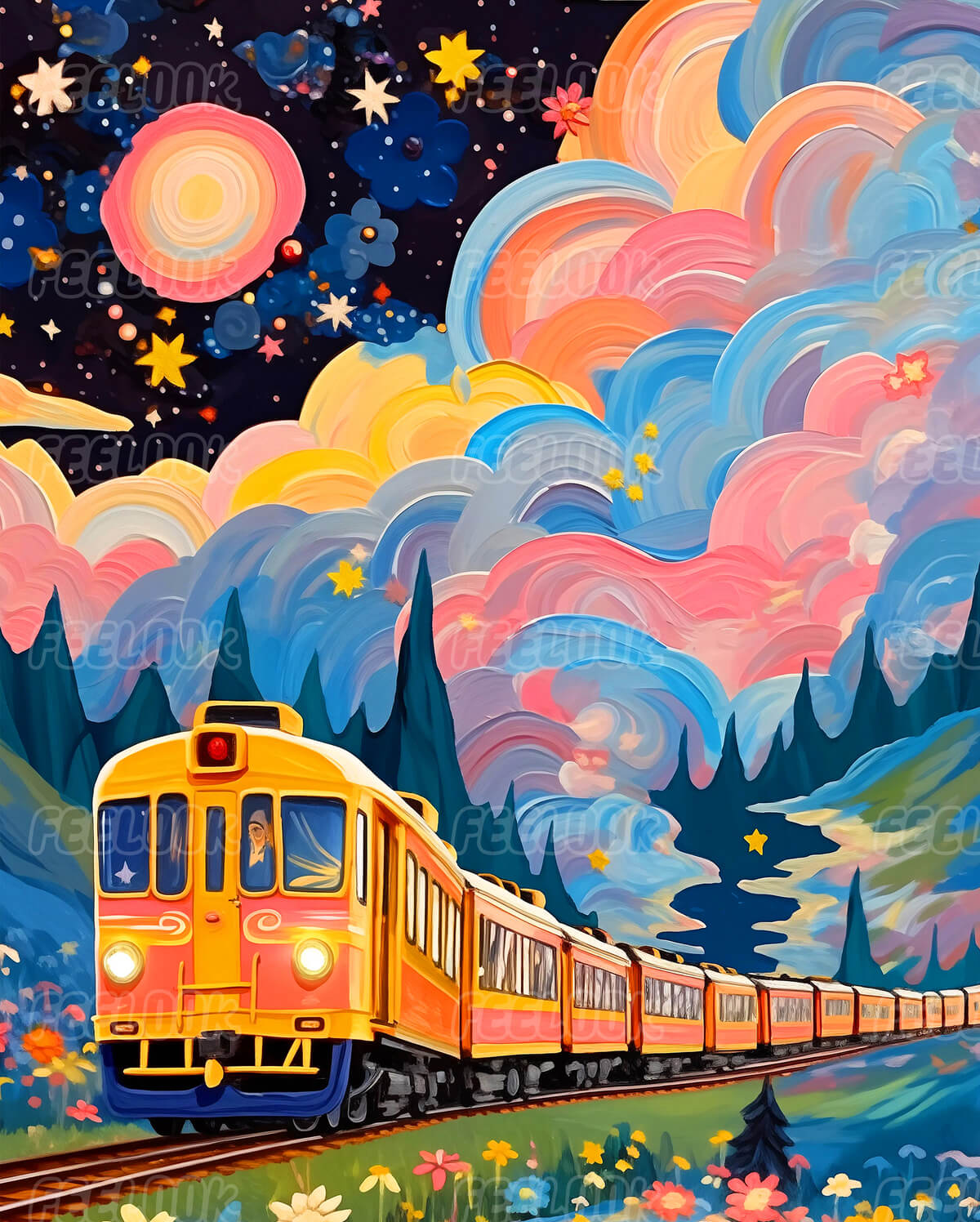 Fairy-tale Train diamond painting kit featuring a magical train traveling through a whimsical landscape.