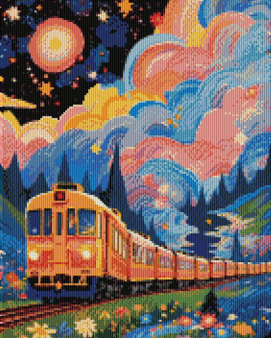 Rendered view of Fairy-tale Train diamond painting, showcasing a dreamy train surrounded by enchanting scenery.