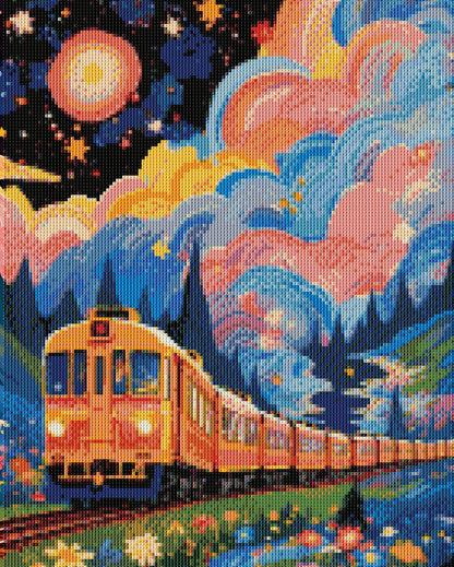 Rendered view of Fairy-tale Train diamond painting, showcasing a dreamy train surrounded by enchanting scenery.