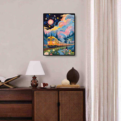 Fairy-tale Train diamond painting in a living room, bringing a sense of fantasy and adventure to the space.