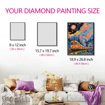 Fairy-tale Train diamond painting size comparison, showing artwork proportions in a cozy room.