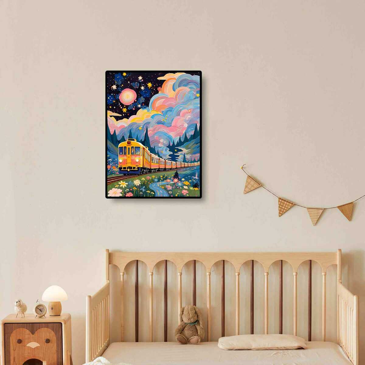 Fairy-tale Train diamond painting displayed on the wall, adding a magical and whimsical touch to your home decor.