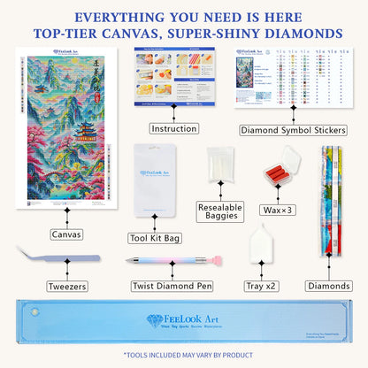 Diamond painting kit for Fairyland of Penglai including applicator pen, tray, wax, and shining diamonds – FEELOOK Art