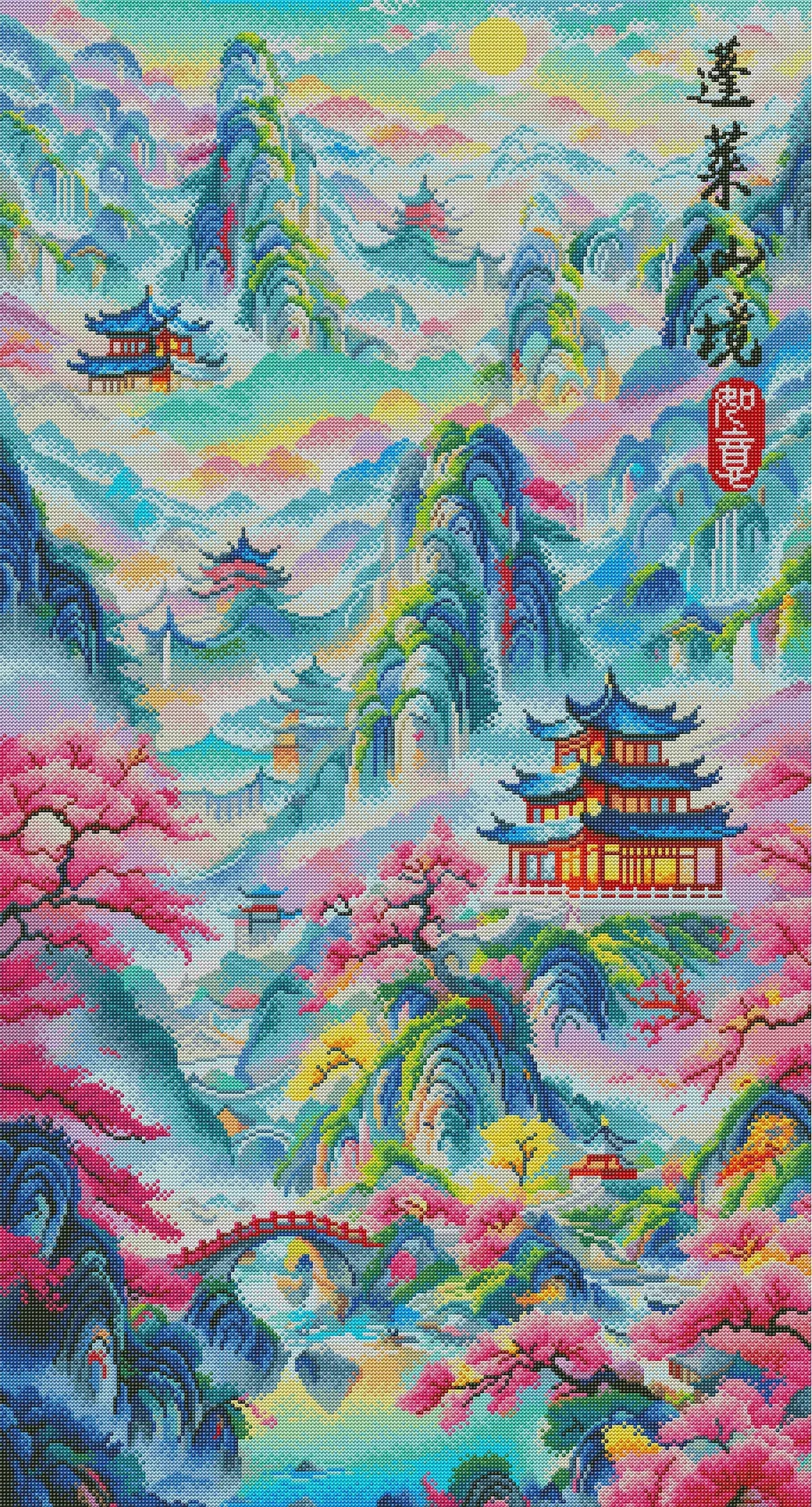 Finished Fairyland of Penglai diamond art with rainbow clouds and glowing palace details – FEELOOK Art