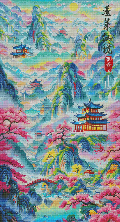 Finished Fairyland of Penglai diamond art with rainbow clouds and glowing palace details – FEELOOK Art