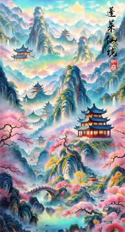 Fairyland of Penglai diamond painting featuring colorful peaks, palaces, and dreamy clouds – FEELOOK Art