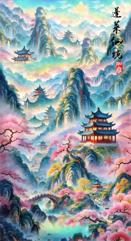 Fairyland of Penglai diamond painting featuring colorful peaks, palaces, and dreamy clouds – FEELOOK Art