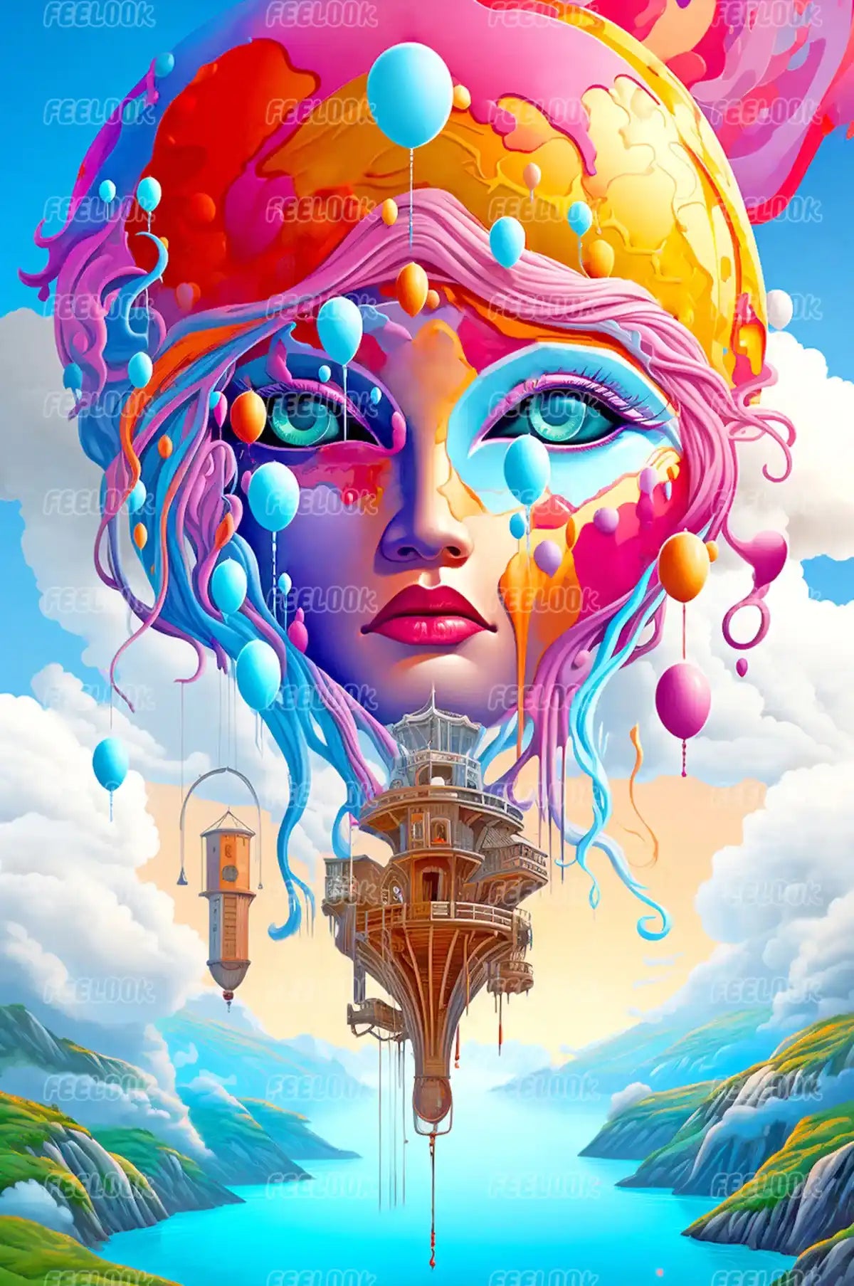 Fantasy Hot Air Balloon diamond painting full view showing intricate design with vibrant colors