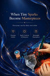 Elegant mobile diamond painting banner featuring sparkling artwork, precision tools, and premium DIY craft experience with artistic blue fantasy aesthetic - FEELOOK Art