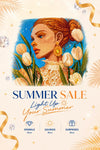 Summer Sale 2026 mobile banner featuring a diamond painting portrait of a woman surrounded by tulips, with seasonal savings, rewards, and gift card promotions - FEELOOK Art.