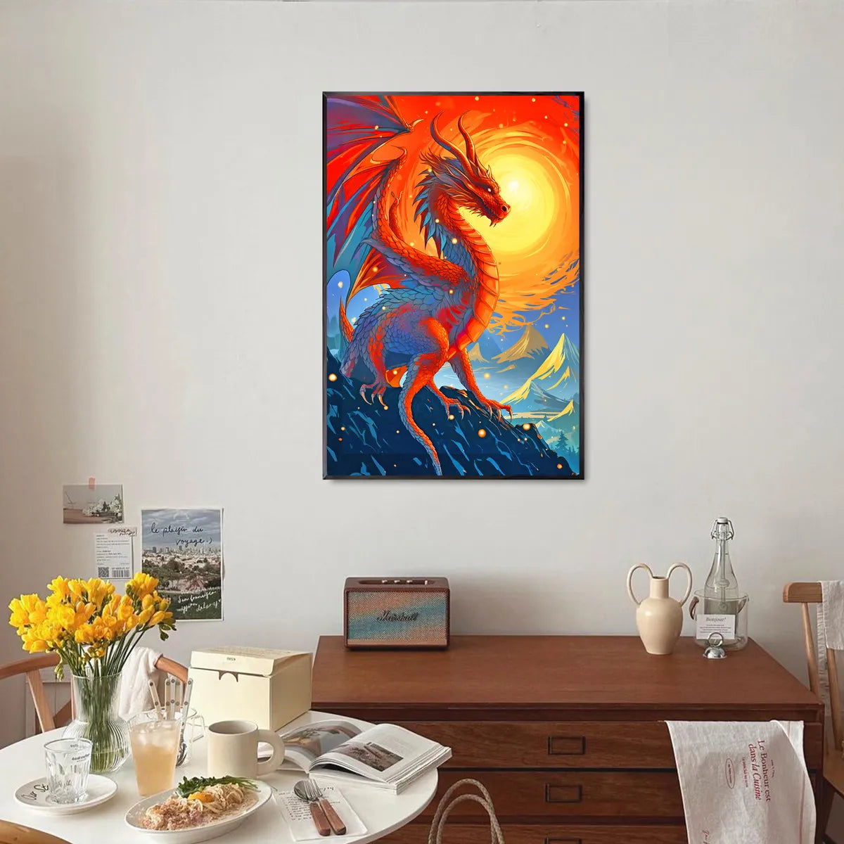 Fiery dragon diamond painting displayed as home decor