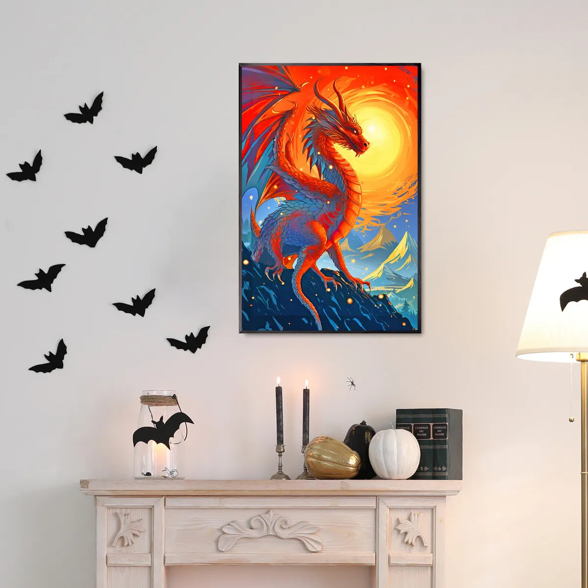 Bold dragon artwork framed in creative studio on a living room wall