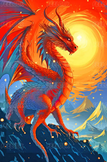Fiery Dragon diamond painting kit with full drill round diamonds and a blazing red fantasy beast.