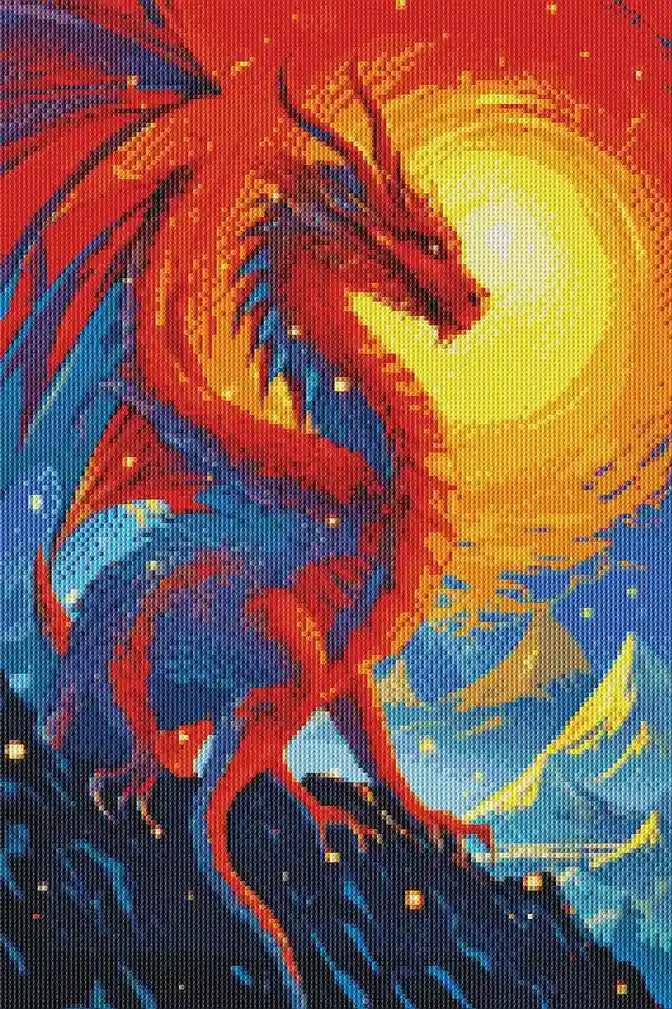 Finished fire-breathing dragon diamond painting in dynamic flame setting.