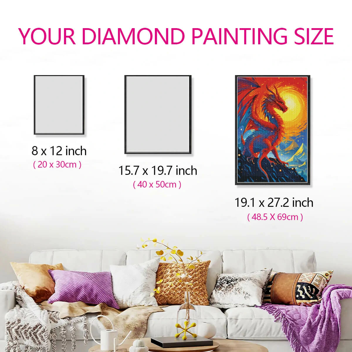 Canvas size guide for Fiery Dragon fantasy diamond painting.
