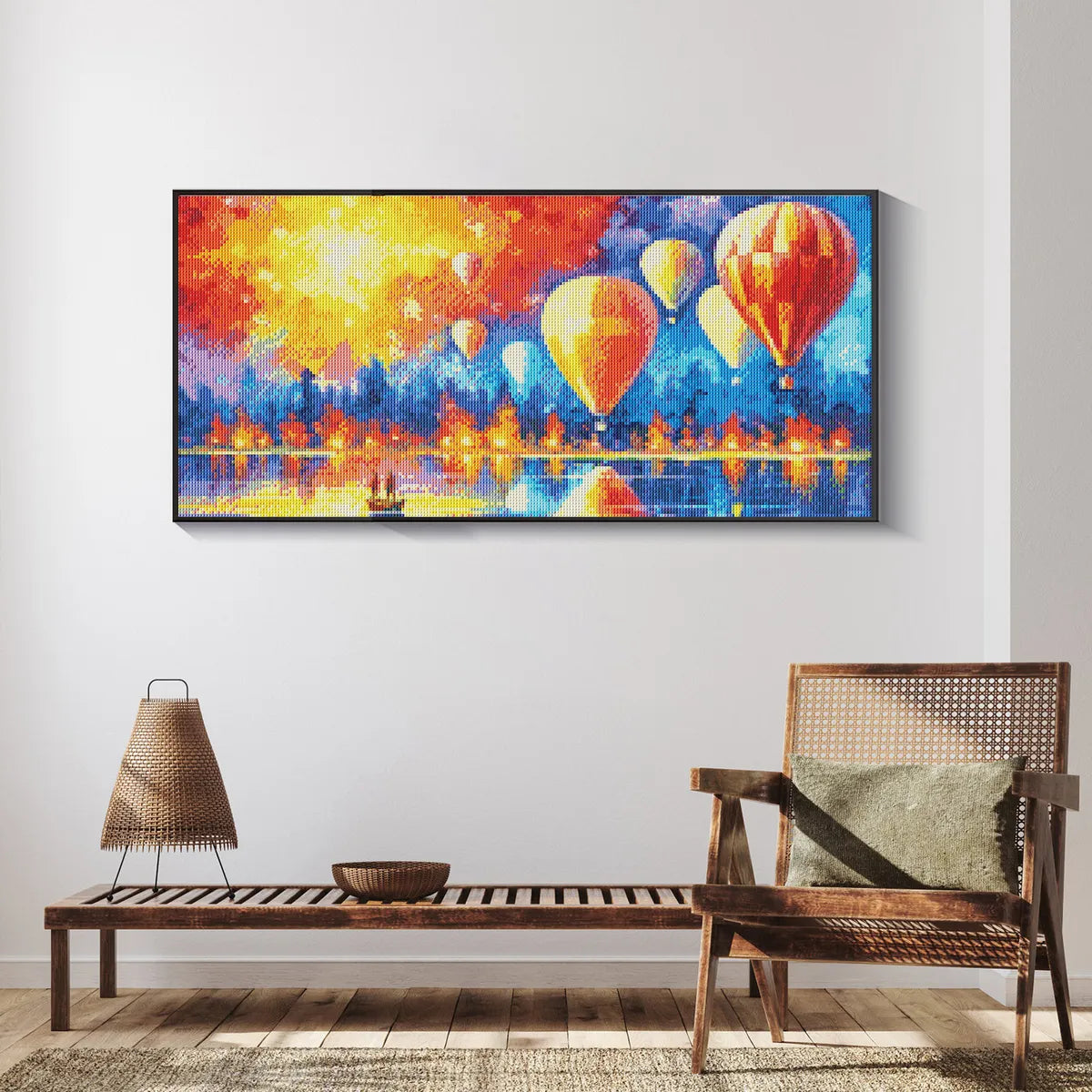 Fire Balloon artwork displayed in cozy reading corner, perfect for discovering diamond painting and relaxation.