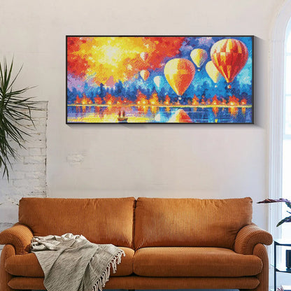 Colorful balloons diamond art sparkling in sunlight on a living room wall, relaxing and vibrant handmade touch.