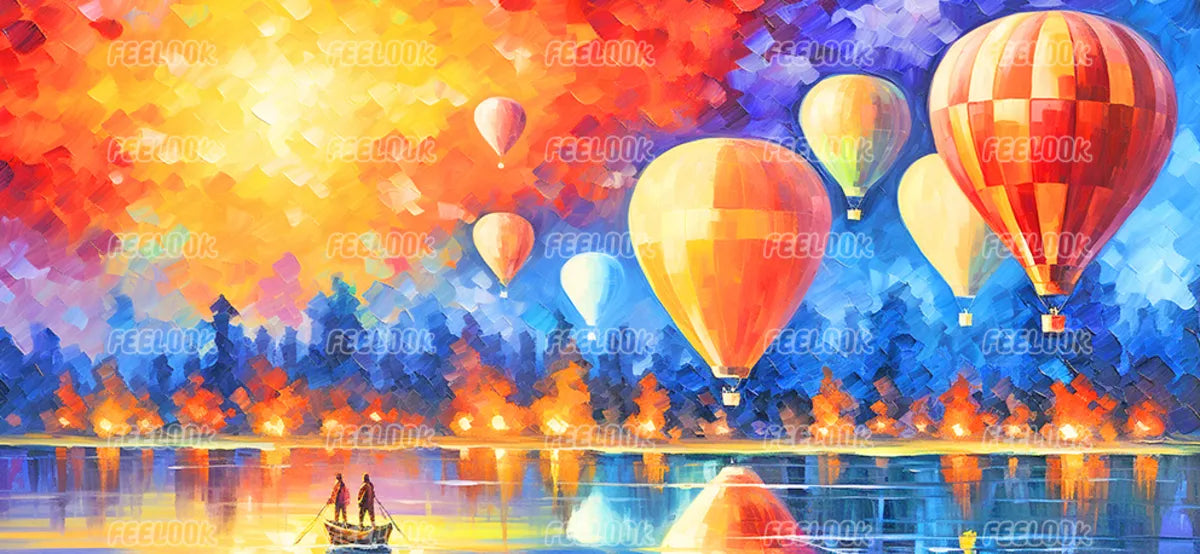 Vivid full drill diamond painting of a hot air balloon at sunset, beginner-friendly diamond painting kit with round drills.