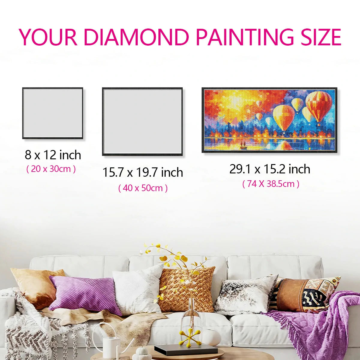 Canvas size of Fire Balloon diamond art shown with scale and hands, easy to start round drill kit.