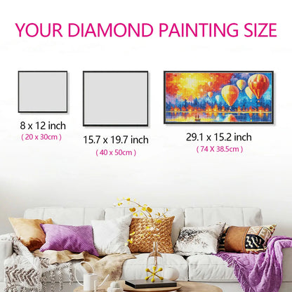 Canvas size of Fire Balloon diamond art shown with scale and hands, easy to start round drill kit.