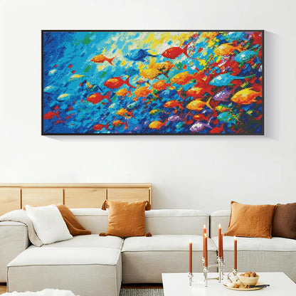 Fish School ocean diamond painting kit displayed on wall