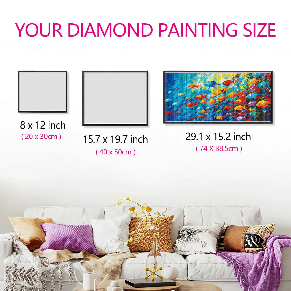Fish School ocean diamond painting kit size comparison