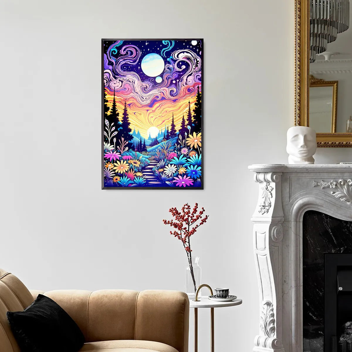 Abstract colorful alien plant diamond painting hung in living room.