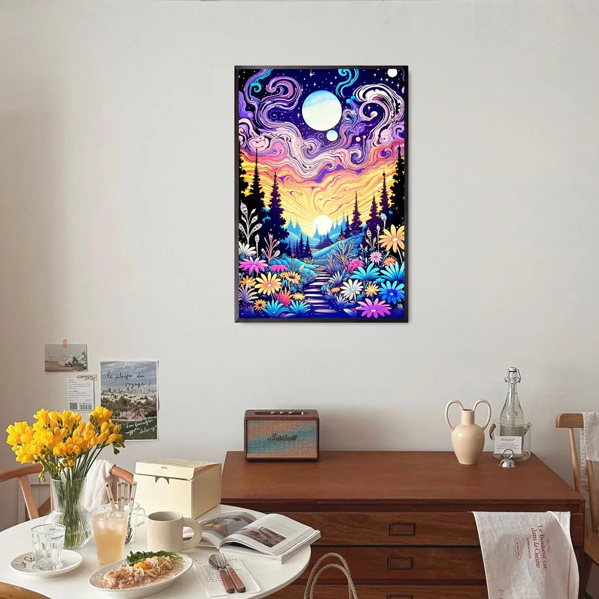 Moonlight garden-inspired DIY diamond painting framed in cozy reading nook.