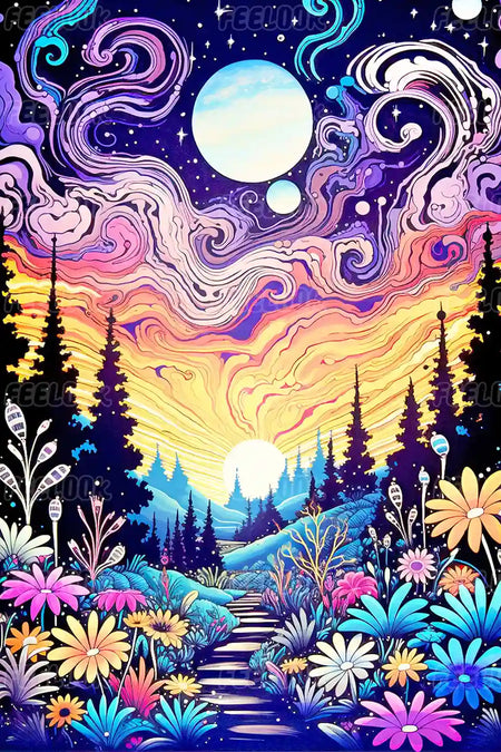 Flamboyant Plant diamond painting kit with fantasy foliage under a magical moon, in full drill round diamonds.