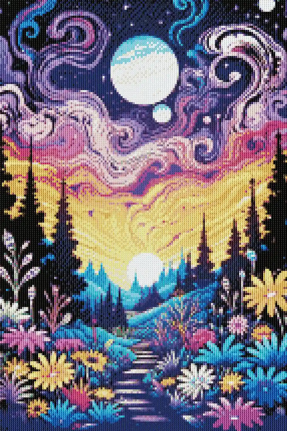 Vibrant fantasy landscape diamond painting mockup of Flamboyant Plant with glowing alien colors.