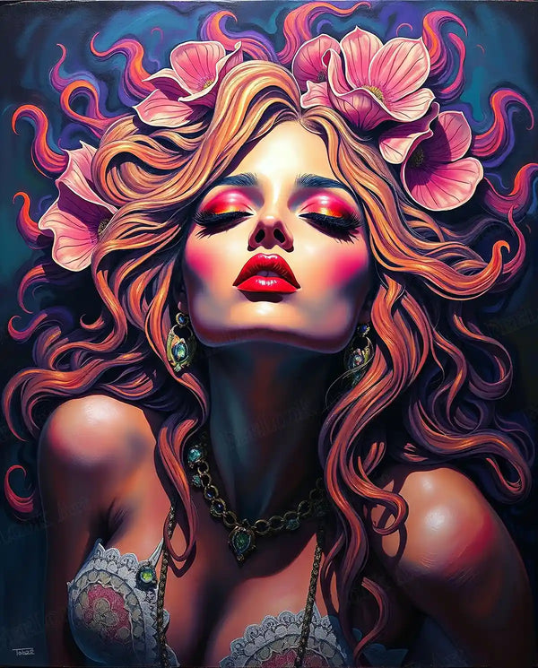 Flare For The Dramatic 5D diamond painting kit with glamorous portrait, pink flowers and vivid makeup by Tabz Jones - FEELOOK Art