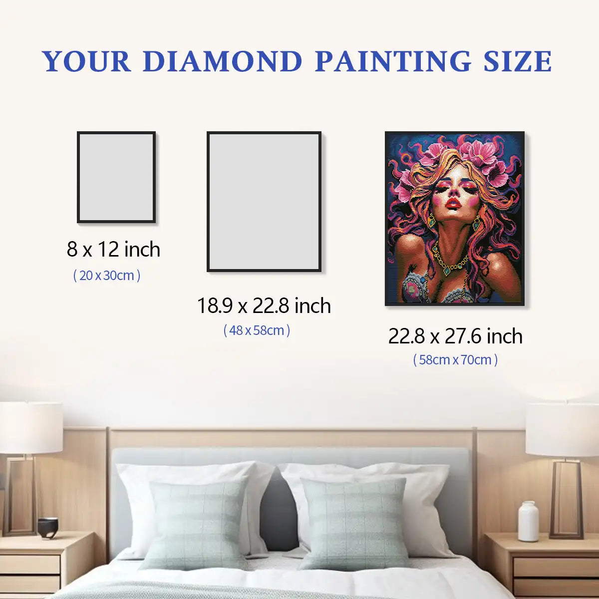 Flare For The Dramatic 5D diamond painting size chart showing portrait artwork scale for striking wall decor - FEELOOK Art