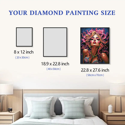 Flare For The Dramatic 5D diamond painting size chart showing portrait artwork scale for striking wall decor - FEELOOK Art