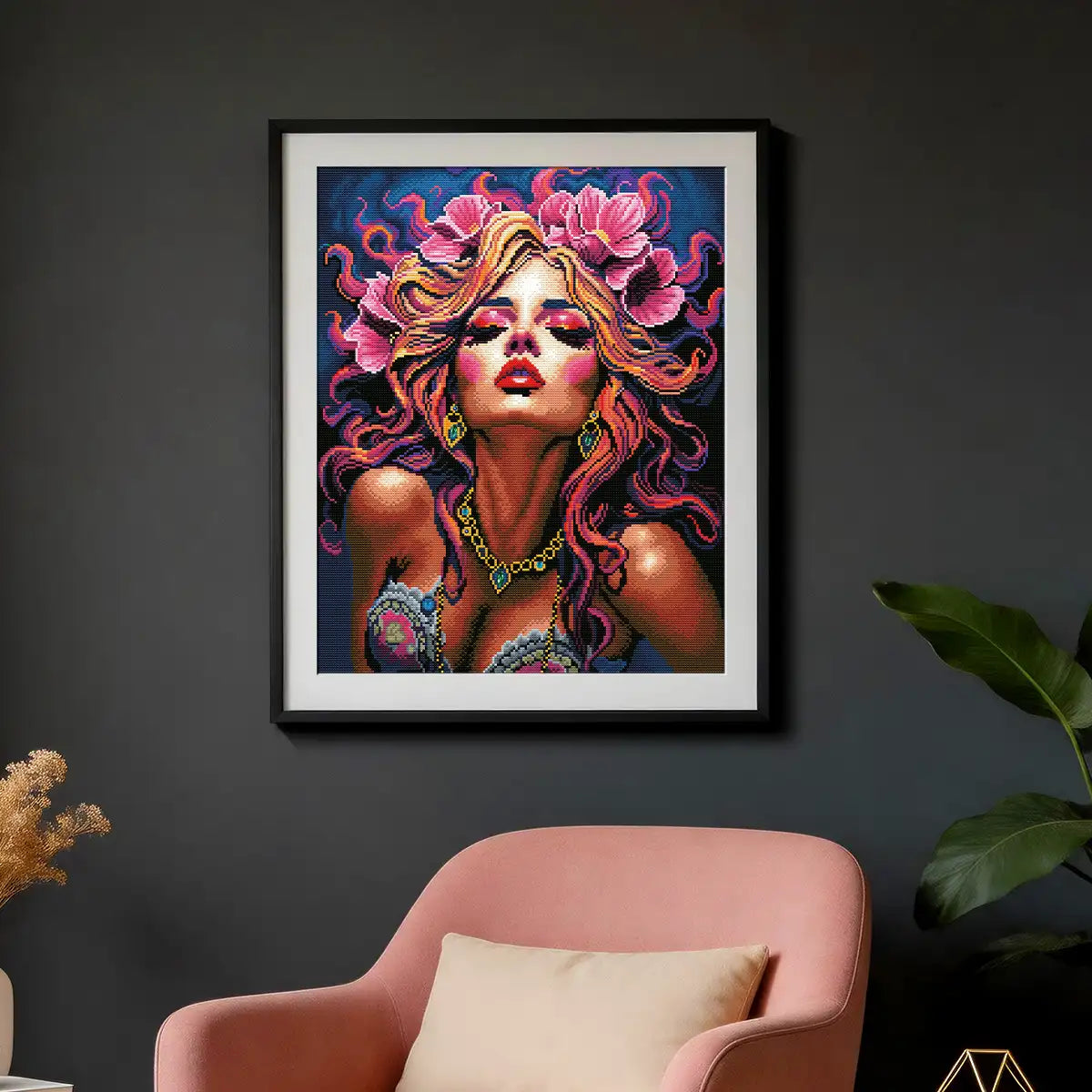 Flare For The Dramatic diamond painting kit displayed as glamorous statement wall art in a chic studio setting - FEELOOK Art