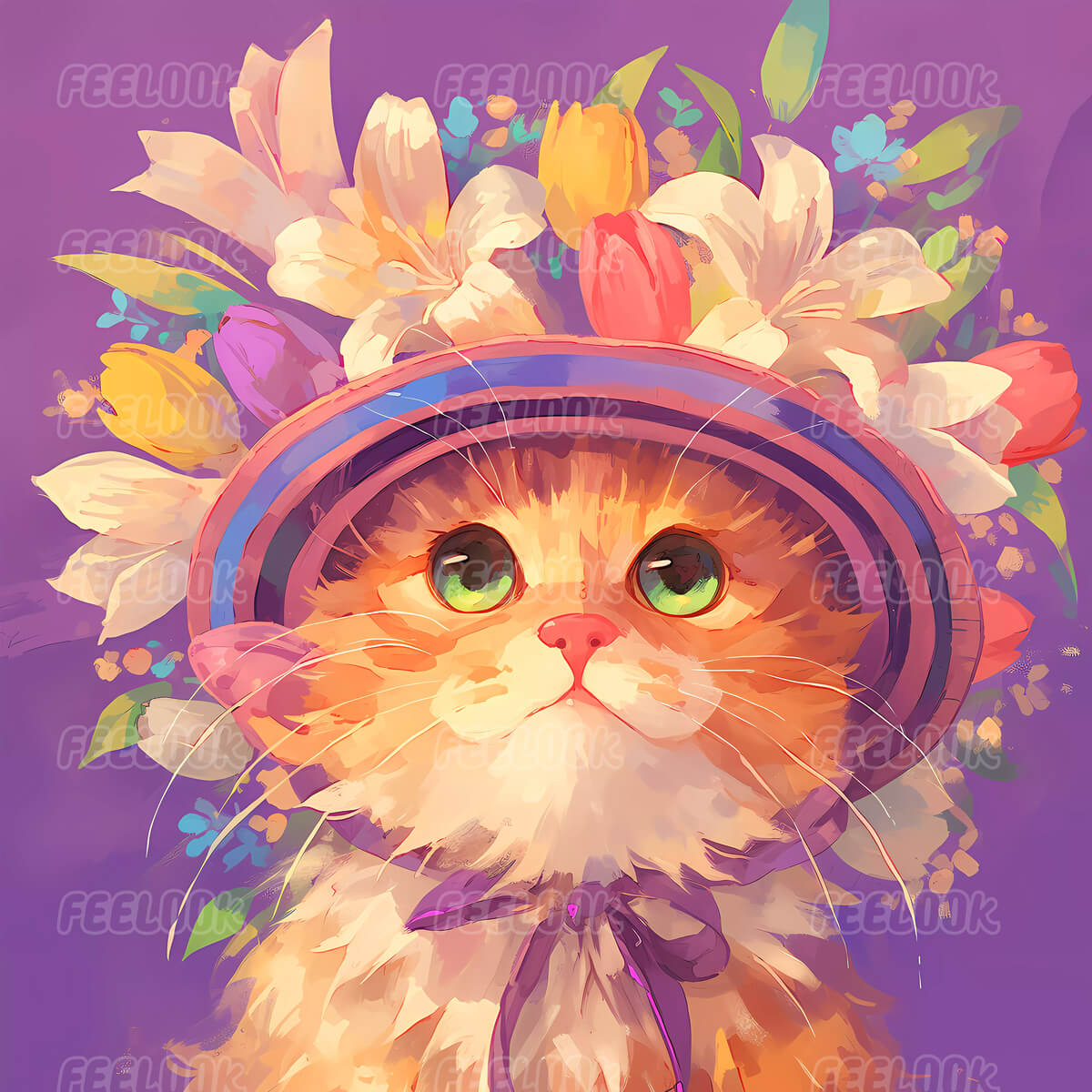 Floral Cat diamond painting kit, showcasing a charming cat design with delicate floral patterns, enhanced by vibrant diamond painting gems.