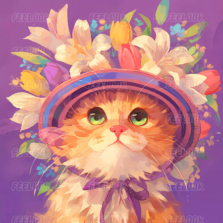 Floral Cat diamond painting kit, showcasing a charming cat design with delicate floral patterns, enhanced by vibrant diamond painting gems.