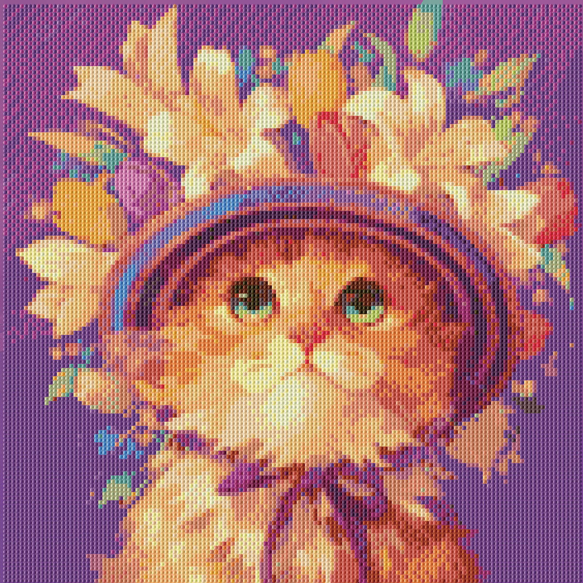 Rendered view of the Floral Cat diamond painting kit, displaying the detailed floral cat design and sparkling diamond painting gems.