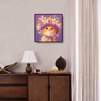 Floral Cat diamond painting kit hanging in a room, featuring a stunning floral design that brings charm and warmth with diamond painting gems.