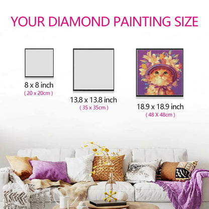 Size comparison for the Floral Cat diamond painting kit, showing how the artwork fits perfectly in your home with its beautiful cat and floral design.