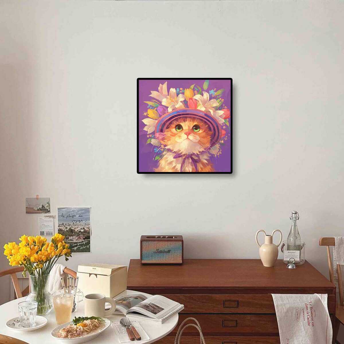 Floral Cat diamond painting kit displayed as wall art, adding a touch of whimsy and elegance to your home with vibrant diamond painting gems.