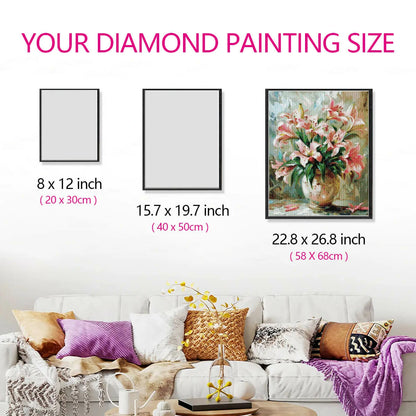 Wall display size comparison of Flourishing Lilies diamond art.