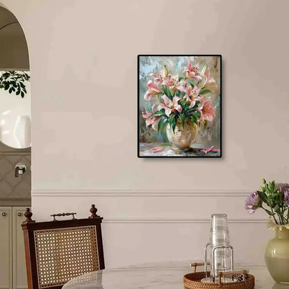 Flourishing Lilies diamond art on wall, perfect for home decor.