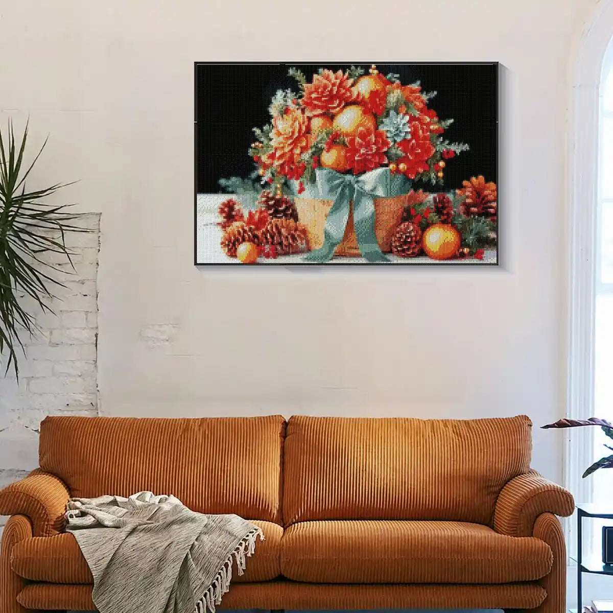 Rustic flower basket diamond art hanging in countryside-themed living room.