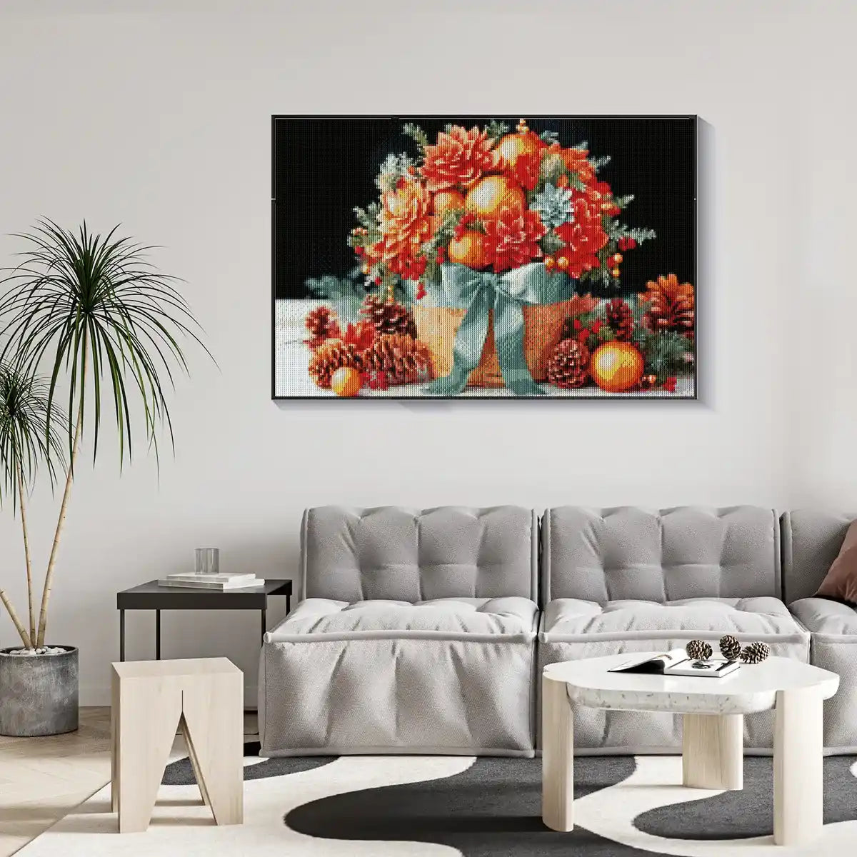 Nature-inspired floral diamond painting displayed in bright living area.