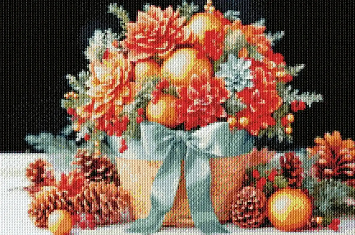 Finished DIY diamond painting of floral basket with natural pine elements.