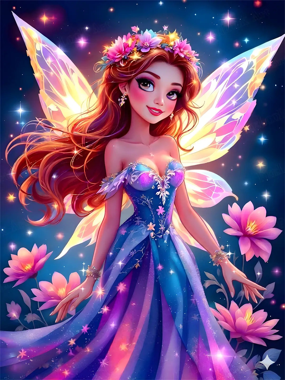 Flower Fairy 5D diamond painting kit with magical fairy wings, glowing stars and pink fantasy flowers - FEELOOK Art