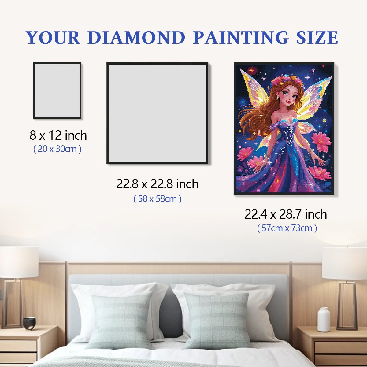Flower Fairy 5D diamond painting size chart showing fantasy fairy artwork scale for wall decor - FEELOOK Art